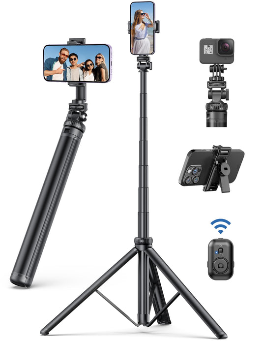 75" Phone Tripod, Selfie Stick with Remote and Phone Holder, Extendable Tripod for iPhone, Aluminum Cellphone TripodStand 360° Rotation Travel Tripods