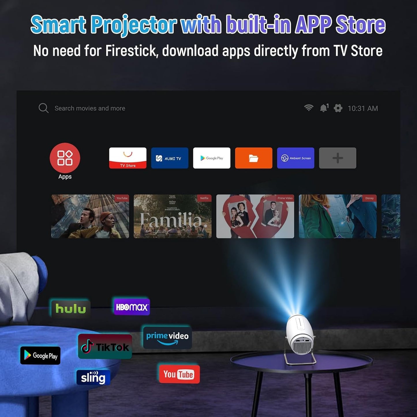 Mini Projector, Projector with WiFi and Bluetooth, 4K 1080P Support Portable Projector 180° Rotatable 130'' Screen Movie Projector Auto Keystone