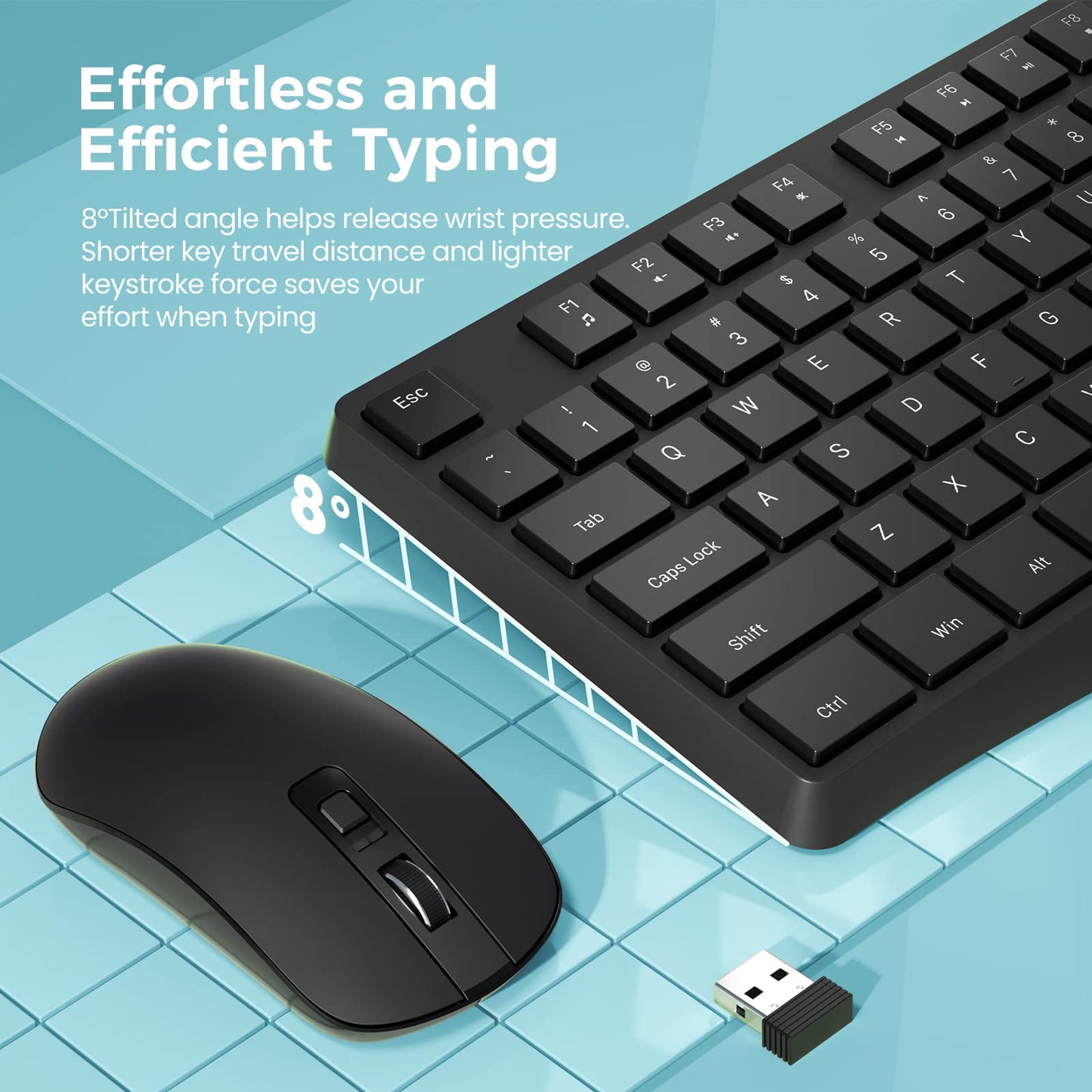 Wireless Keyboard and Mouse Combo, Lovaky 2.4G Full-Sized Ergonomic Keyboard Mouse, 3 DPI Adjustable Cordless USB Keyboard and Mouse, Quiet Click