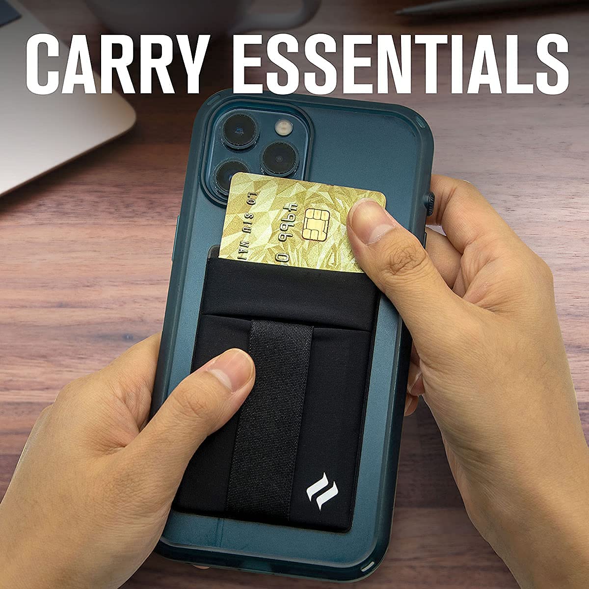 Catalyst Stick-On Wallet for Back of Phone, Lycra Slim Premium Wallet, Credit Card Holder, with 3M Adhesive, and Shoulder Strap (Black)