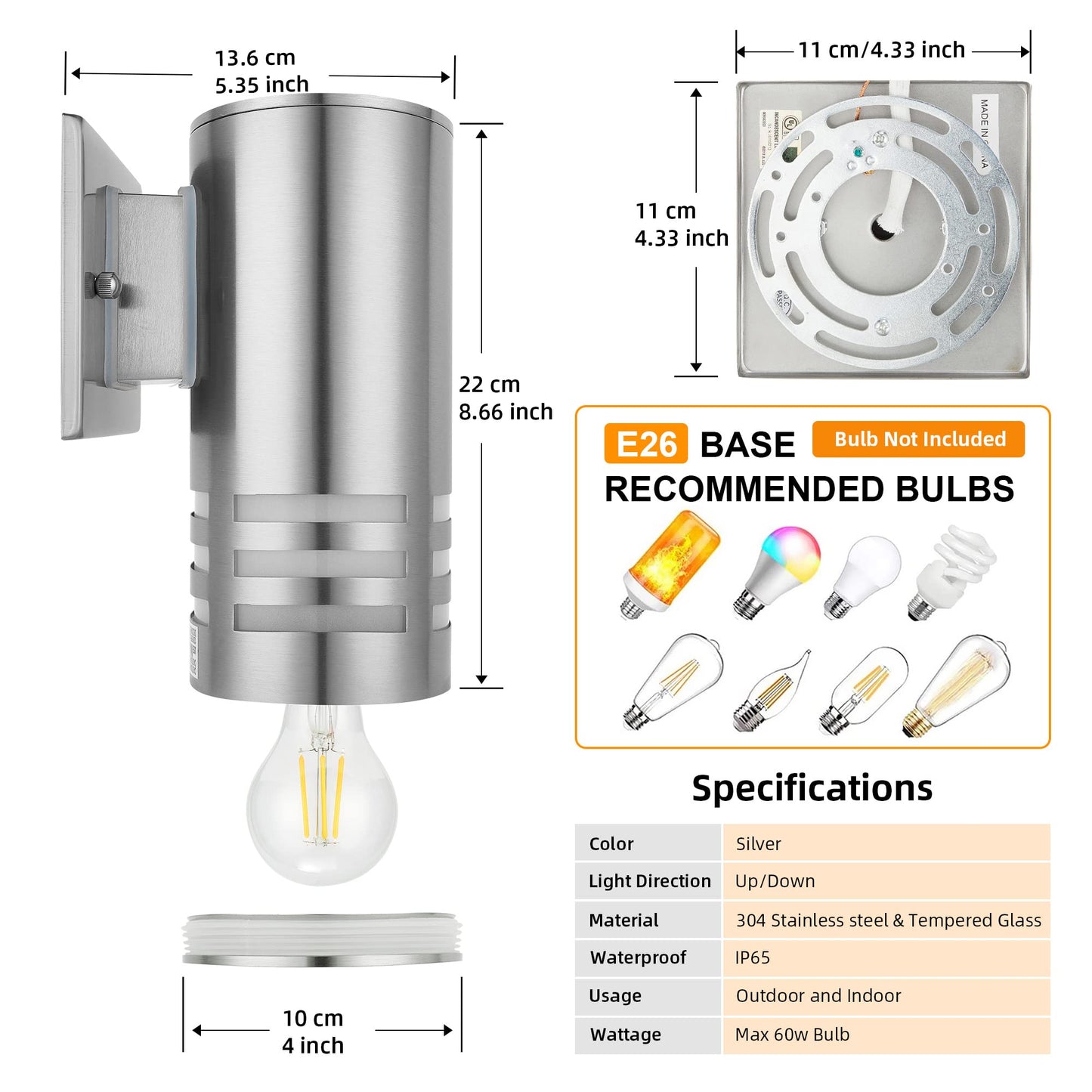 Outdoor Wall Lights, Exterior Dusk to Dawn Sensor Wall Lanterns, Stainless Steel Front Door Lights with E26 Base Socket, Anti-Rust Waterproof Up Down
