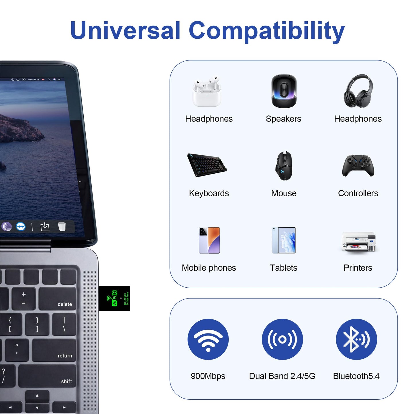 HOWAWU AX900 USB WiFi Adapter, 2.4G Dual Band WiFi Adapter for Desktop PC, Portable WiFi Dongle with MU-MIMO, OFDMA, WPA2, Travel Size, Supports