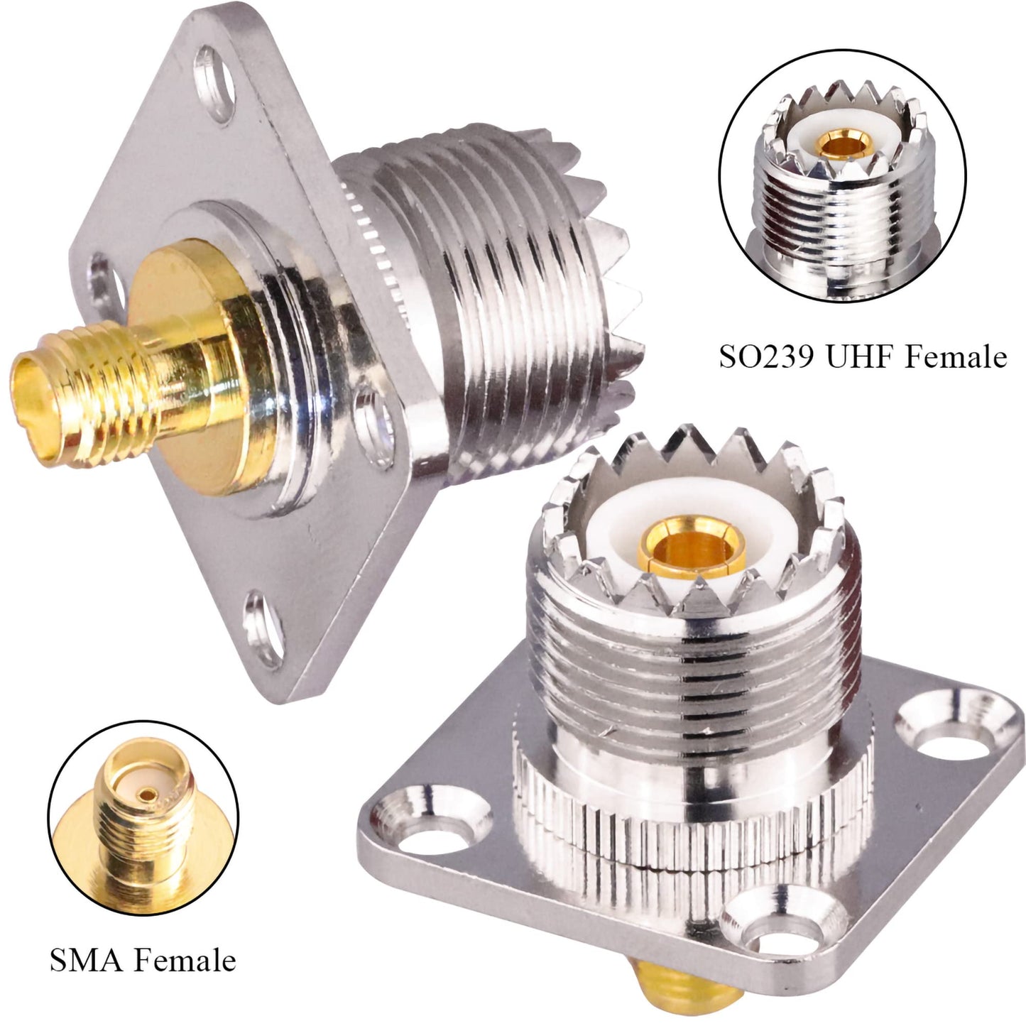 TUOLNK SMA to UHF Female Jack Panel Chassis Mount RF Coax Adapter SO239 PL259 4-Hole Flange for Jumper Cable Coaxial Connector 2 Pack