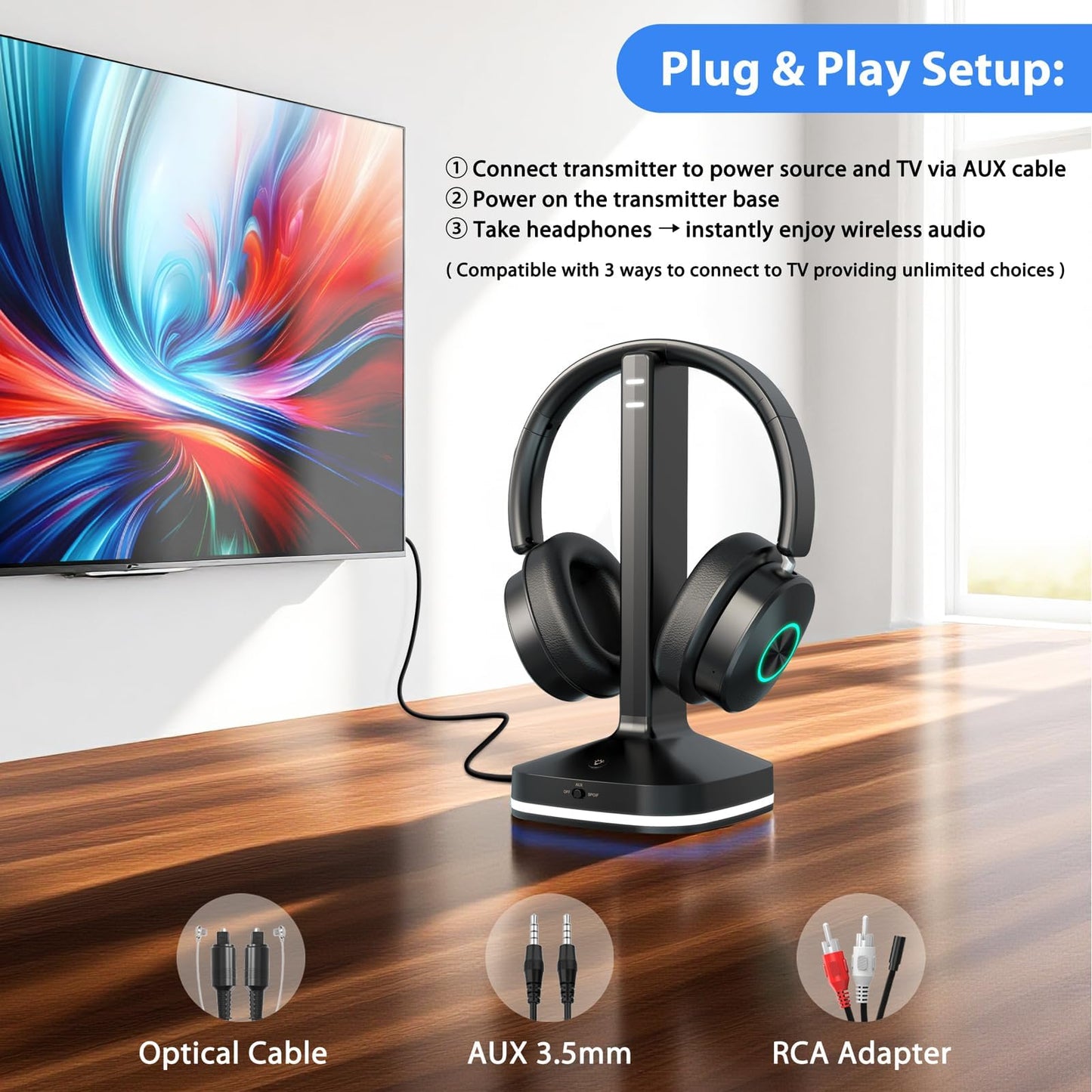 Wireless Headphones for TV Watching, TV Headphones Wireless for Seniors with 3 Audio Modes, Bluetooth Headphone with Transmitter Charging Base, No