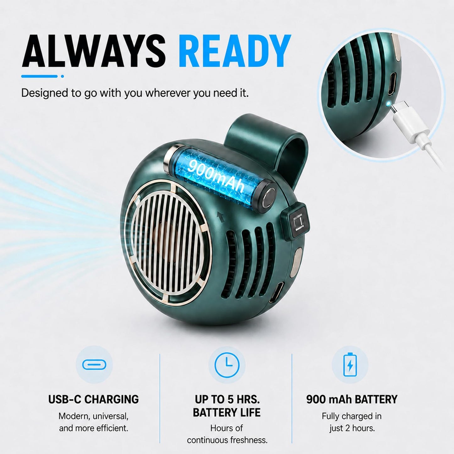 Rilvora Bryzy Fan Portable Personal, 360°Adjustable Airflow, Can be Worn on a Belt or Around the Neck, Perfect for Outdoor Activities and Travel
