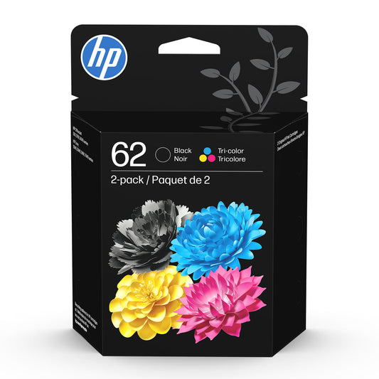 HP 62 Black/Tri-Color Ink Cartridges (2-Pack) | Works with Envy 5540, 5640, 5660, 7640, OfficeJet 5740, 8040, Mobile 200, 250 | N9H64FN | Packaging