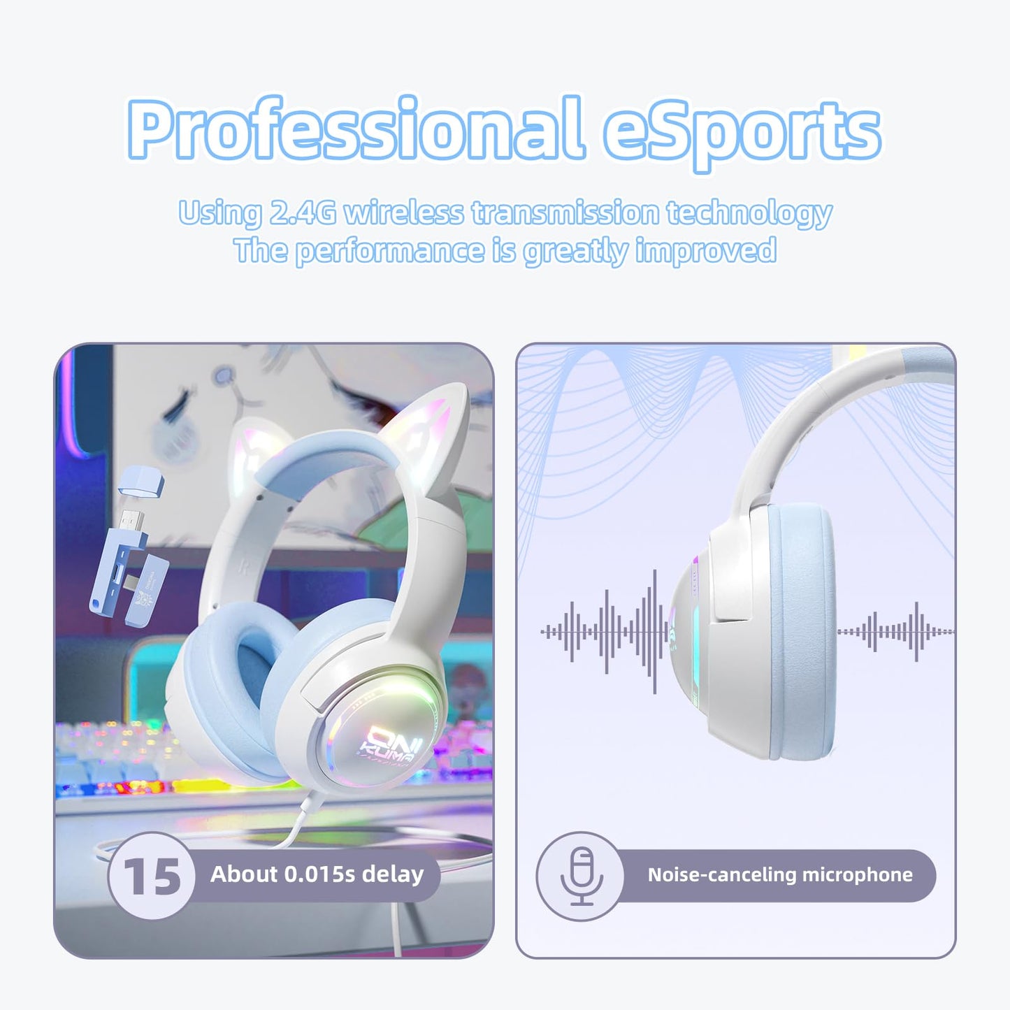 Lyivs Wireless Cat Ear Gaming Headset with RGB Lights - Tri-Mode (2.4G Wireless/Bluetooth/Wired) Over-Ear Headphones with Mic, 50mm Drivers, Low