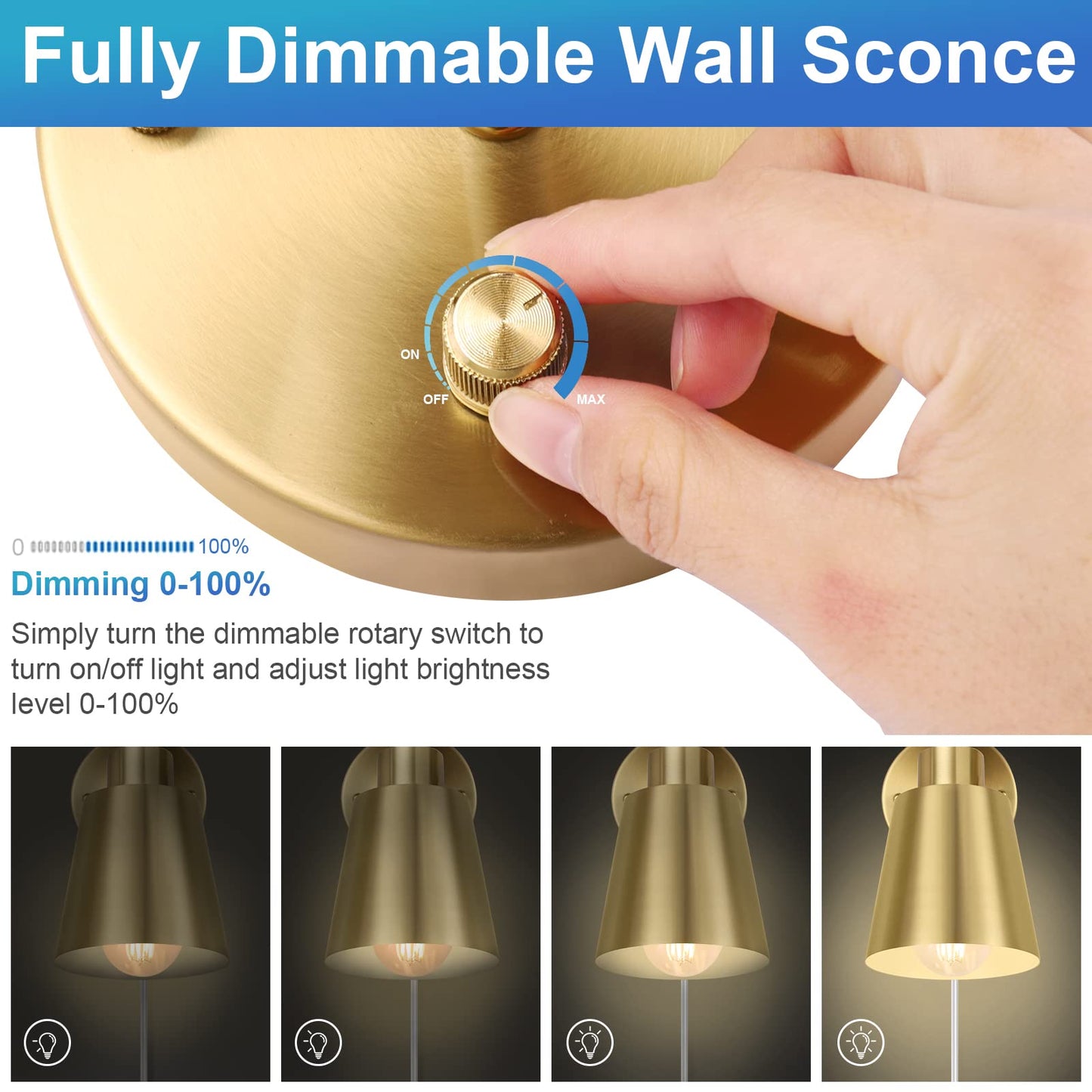 VATONI Plug in Wall Sconces, Dimmable Wall Sconces Adjustable Angle Wall Lights with Plug in Cord and Dimmer On/Off Knob Switch, Gold Wall Mounted