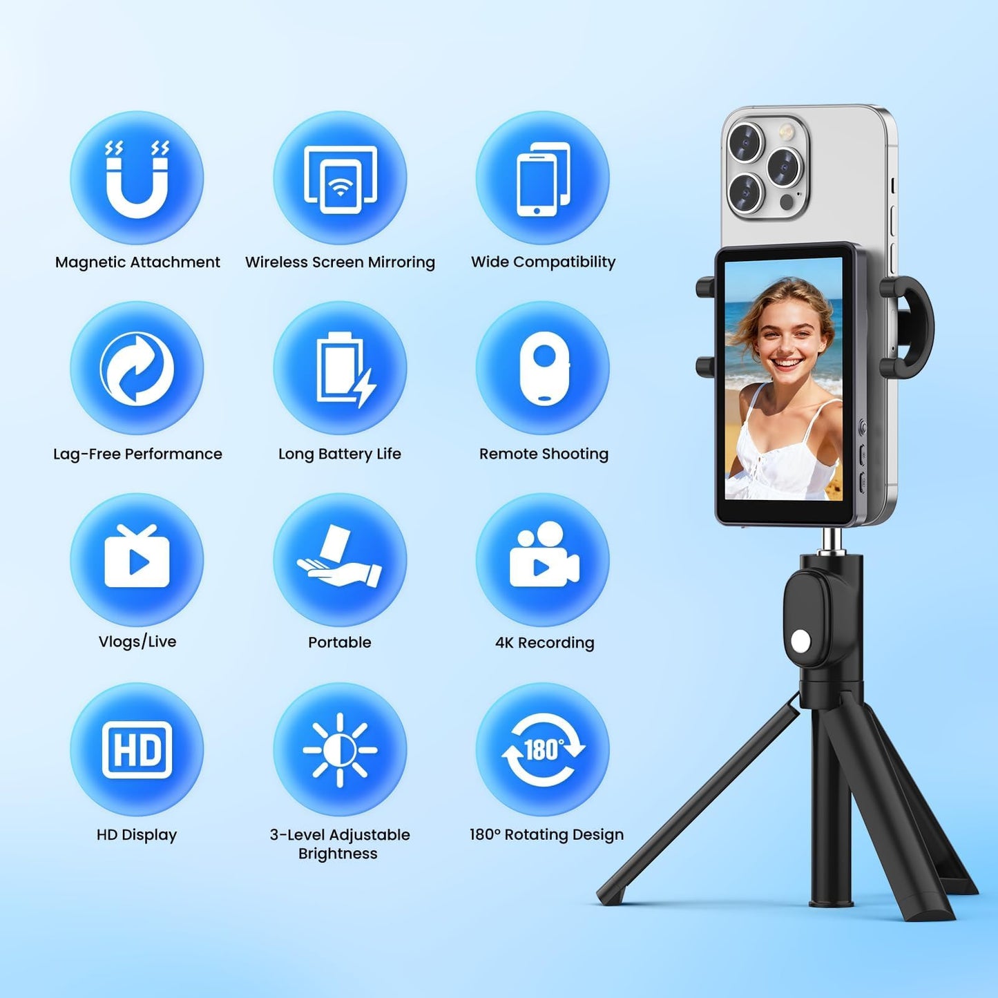 Vlog Selfie Monitor Screen iPhone, Screen Mirroring with Remote Control