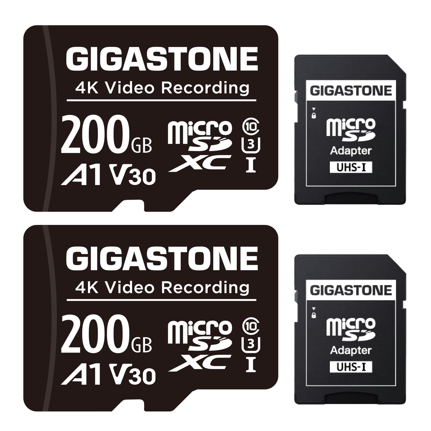 GIGASTONE 200GB Micro SD Card 2-Pack, A1 V30 4K Video Recording, Compatible with Security Camera, Dash Cam, Drone, 100MB/s MicroSDXC Memory Card