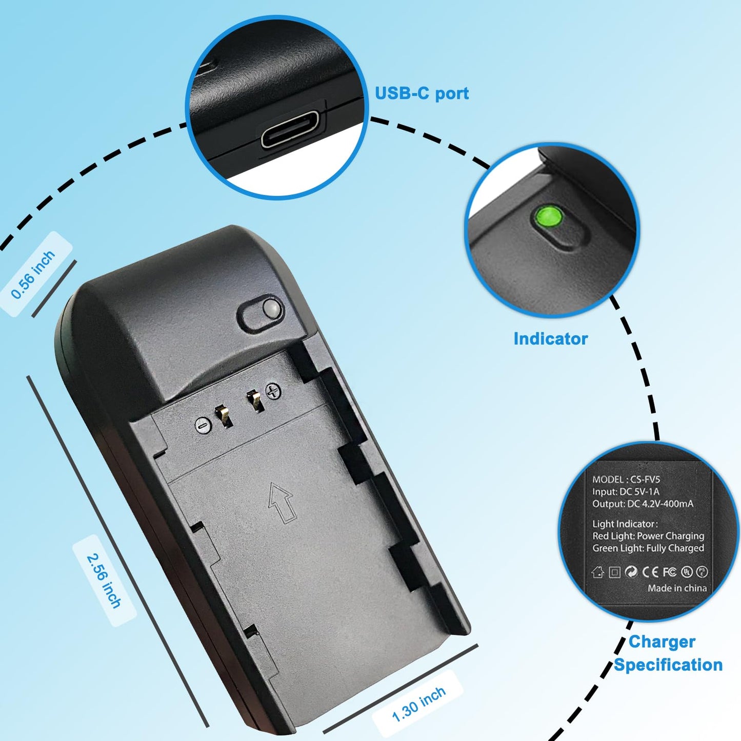 CofunKool NP-FV5 Battery Charger and 2 NP-FV5 Plus Battery 3.7V 2000mAh, Video Camera Camcorder NP-FV5 Plus Battery Charger with USB-C Charging Cable
