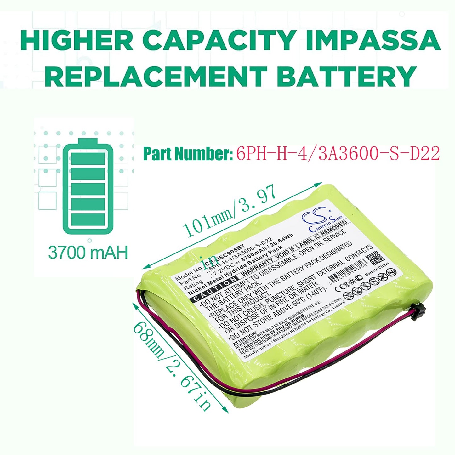Cameron Sino 7.2V 3700mAh Battery Compatible with DSC IMPASSA 9057 2-Way Wireless Security System Alarm Panel, Rechargeable Ni-MH Battery