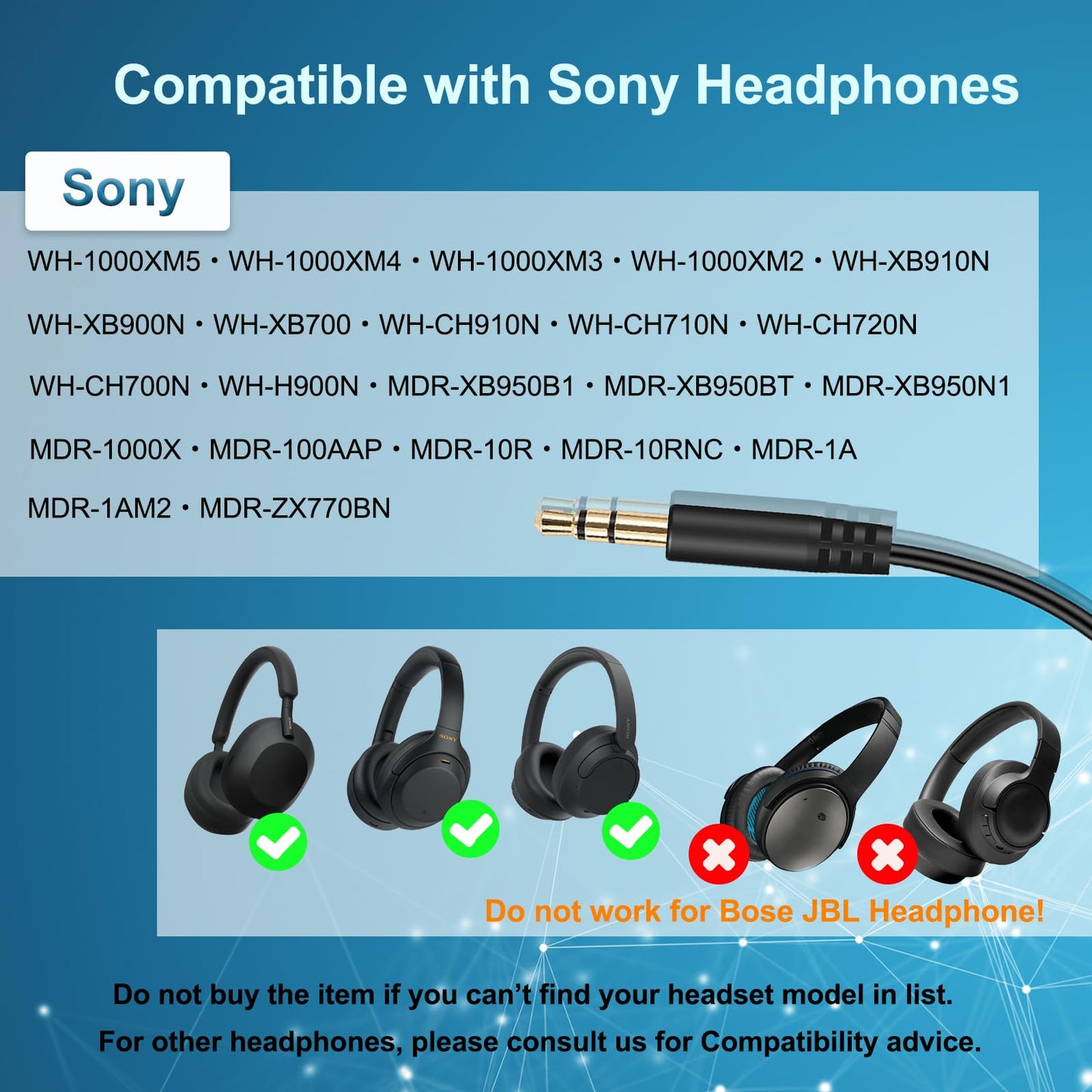 3.5mm Replacement Audio Cable for Sony Headphones Wire Aux Cord Compatible with Sony WH-1000XM5 WH-1000XM4 WH-1000XM3 WH-XB910N WH-CH710N WH-CH720N…