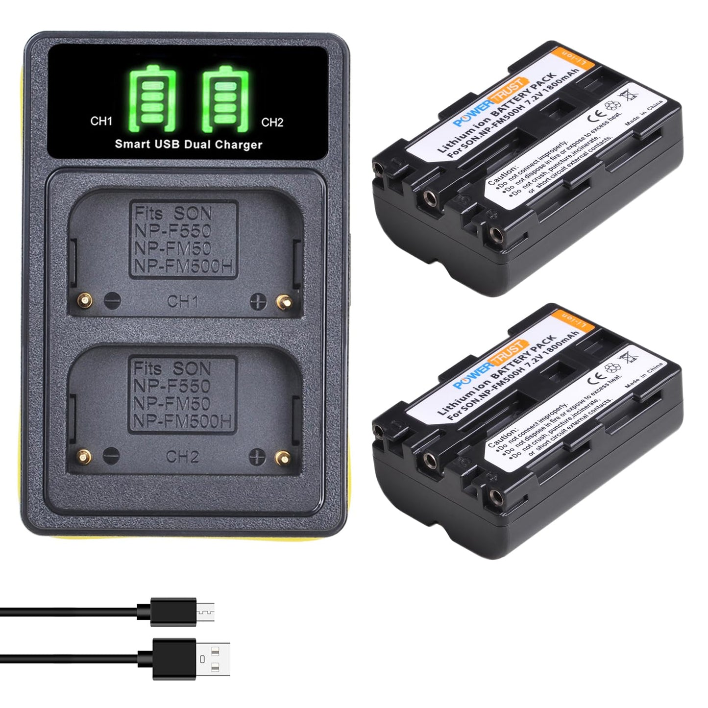 PowerTrust 2 Pack NP-FM500H Camera Battery and LCD USB Charger for Sony A57, A58, A65, A77, A99, A200, A350, A450, A550, A560, A700, A580, A900