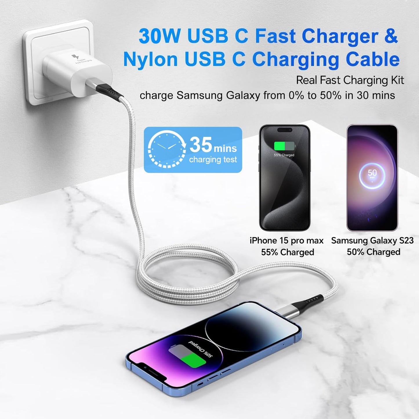 Dayaoncy 30 Watt USB C for iPhone 15 Charger Fast Charging, 30W USB C Fast Charger Type C Wall Charger Block & 10FT Nylon USB C to USB C Charging