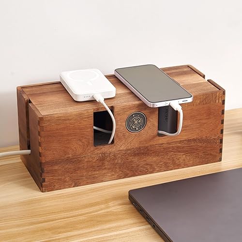 TREELF Acacia Wood Cable Management Box - Wooden Cord Hider & Organizer for Desk & Floor, Power Strip & TV Wire Concealer, Under Desk Storage for