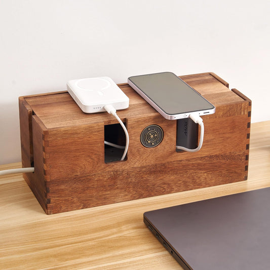 TREELF Acacia Wood Cable Management Box - Wooden Cord Hider & Organizer for Desk & Floor, Power Strip & TV Wire Concealer, Under Desk Storage for