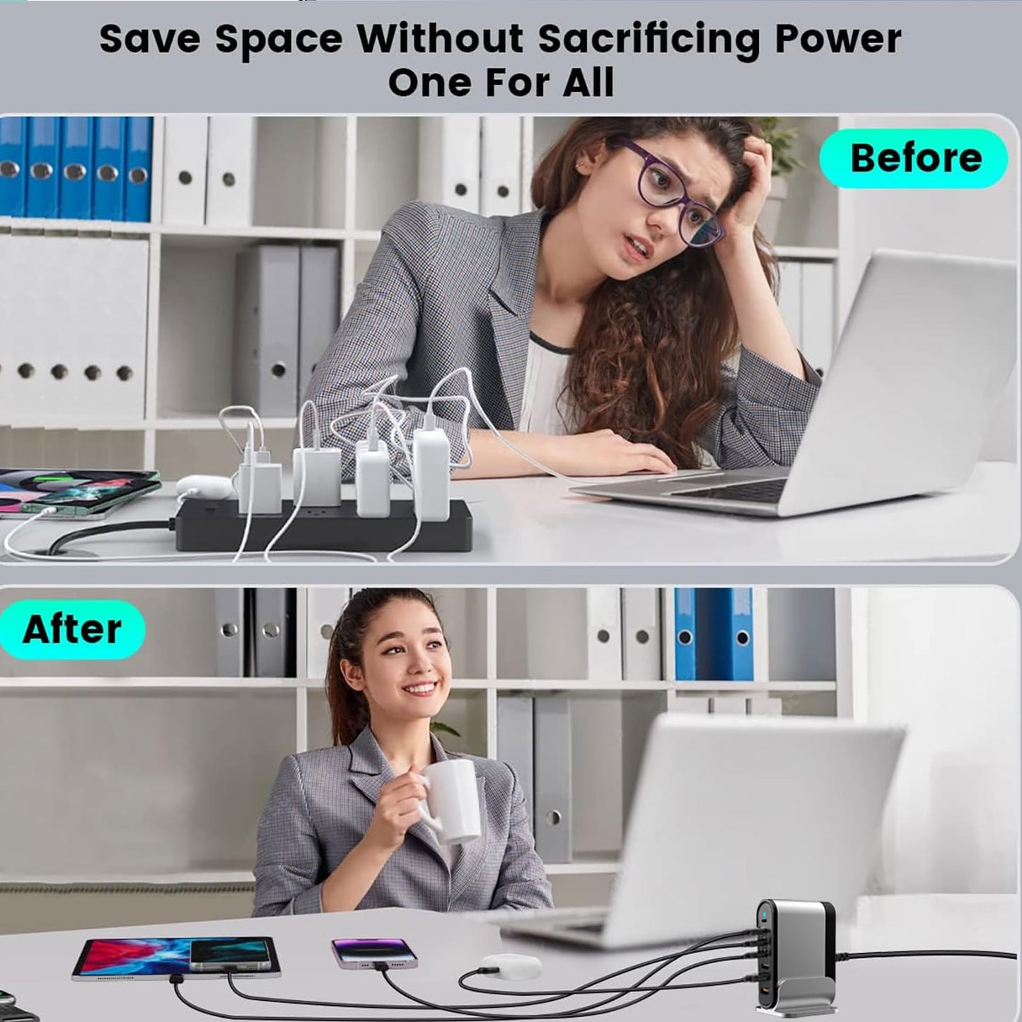 USB C Fast Charger : 6 Port Desktop Multiple Devices Power Adapter for Laptop MacBook Pro/Air, DELL, Tablet iPad Pro/Air, iPhone 16/15/14, Galaxy