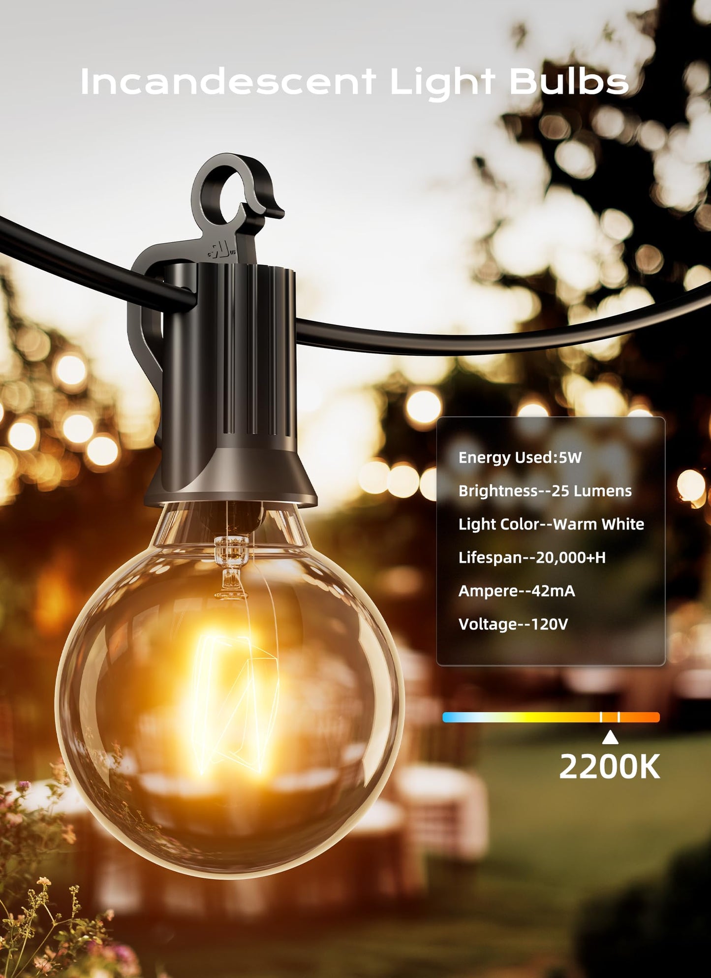 Brightown G40 Replacement Light Bulbs, Clear Globe Incandescent Bulbs Replacement for Outdoor String Light, E12 Candelabra Base, Round Bulbs for Patio