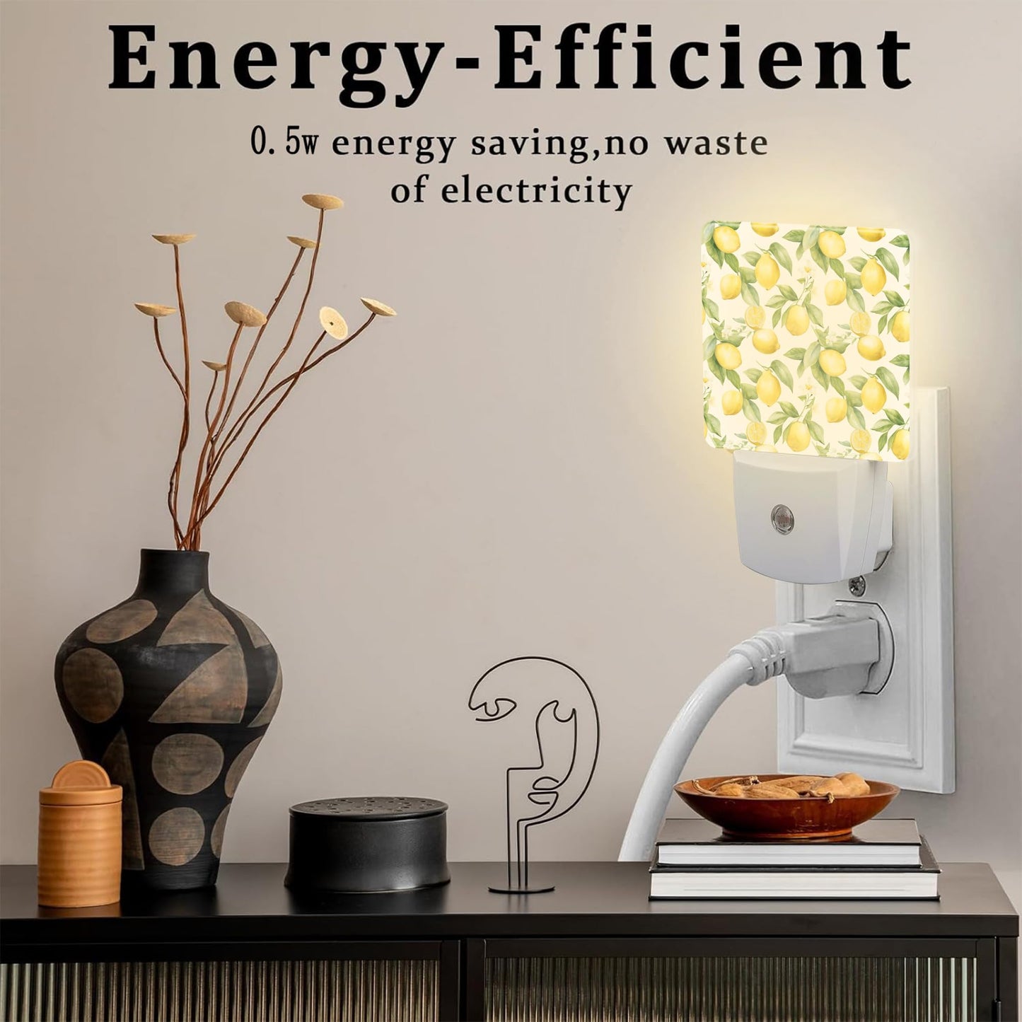 sndheke Lemon with Flowers Night Light, Fresh Lemon Fruits Floral Dusk to Dawn Night Light Plug in,0.5w Energy Saving Sleep Friendly Nightlights