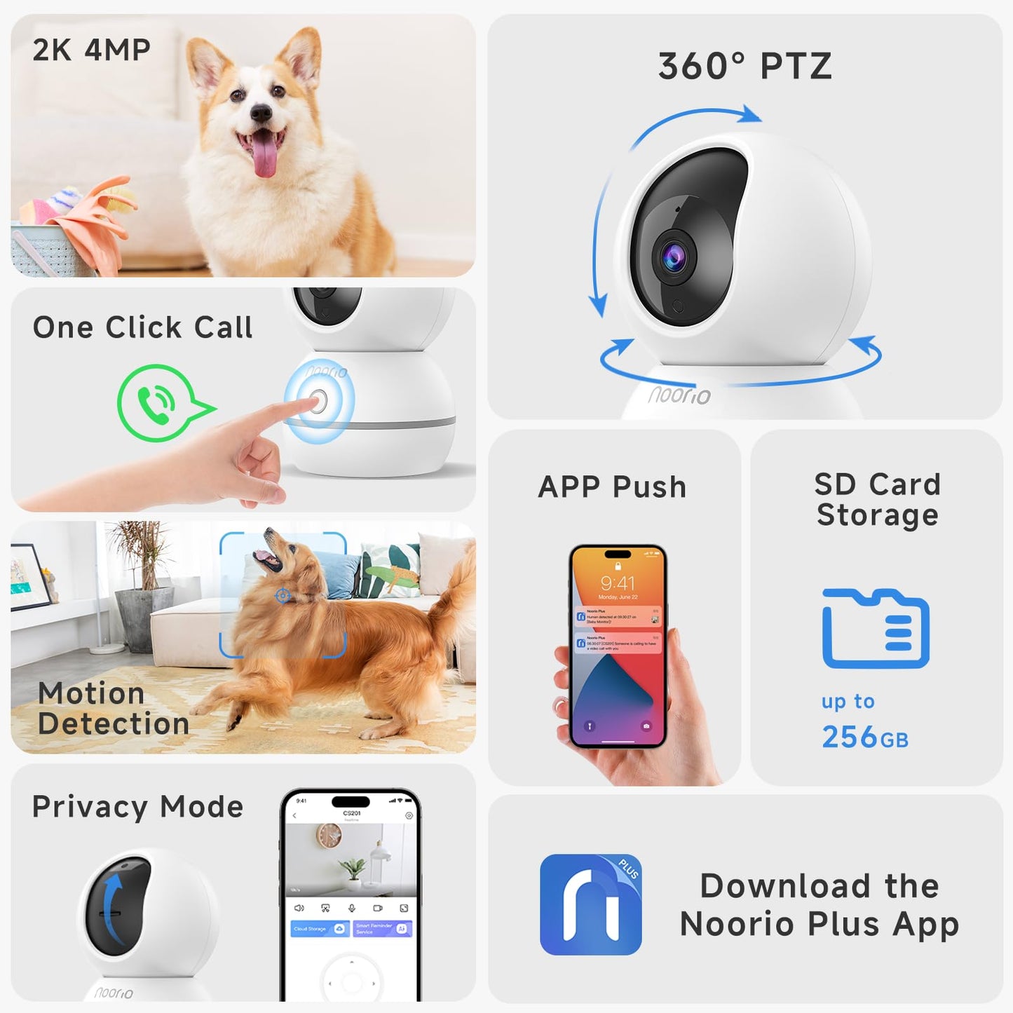 Noorio Security Camera Indoor, 4MP UHD Pet/Dog Camera 360-Degree for Home Security, One-Touch Call, Auto Motion Tracking, Night Vision, 2.4G Only