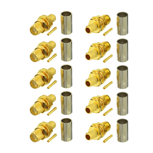 BINGFU SMA Female Bulkhead Mount Crimp Solder Attachment 50 Ohm Gold Plated Copper Connector (10-Pack) Compatible with RG58 RG303 RG141 RG142 RG400