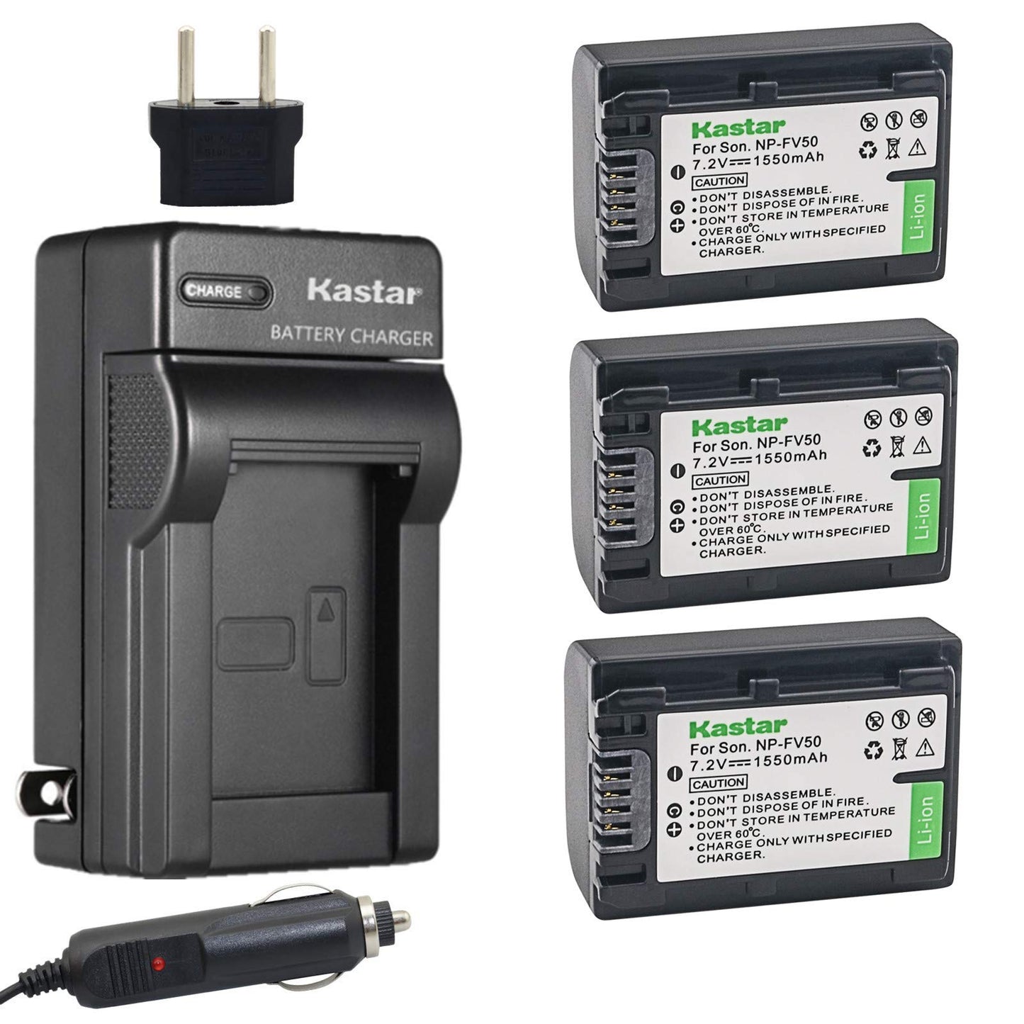 Kastar Battery 3 Pack + Charger Replacement for Sony NP-FV30 NP-FV40 NP-FV50 HDR-CX380 430V 900 580V 760V HDR-PJ540 650V HDR-PV710V 790V 810 HDR-TD30V