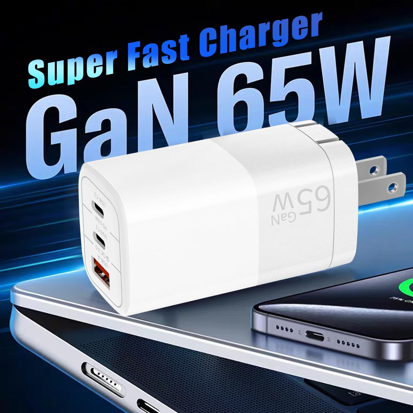 Okjew 65W GaN Fast Charger, 3-Port USB C PD Power Adapter (2×USB-C + 1×USB-A) - Compact & Foldable for MacBook Pro/Air, iPhone 16, iPad, Galaxy S25