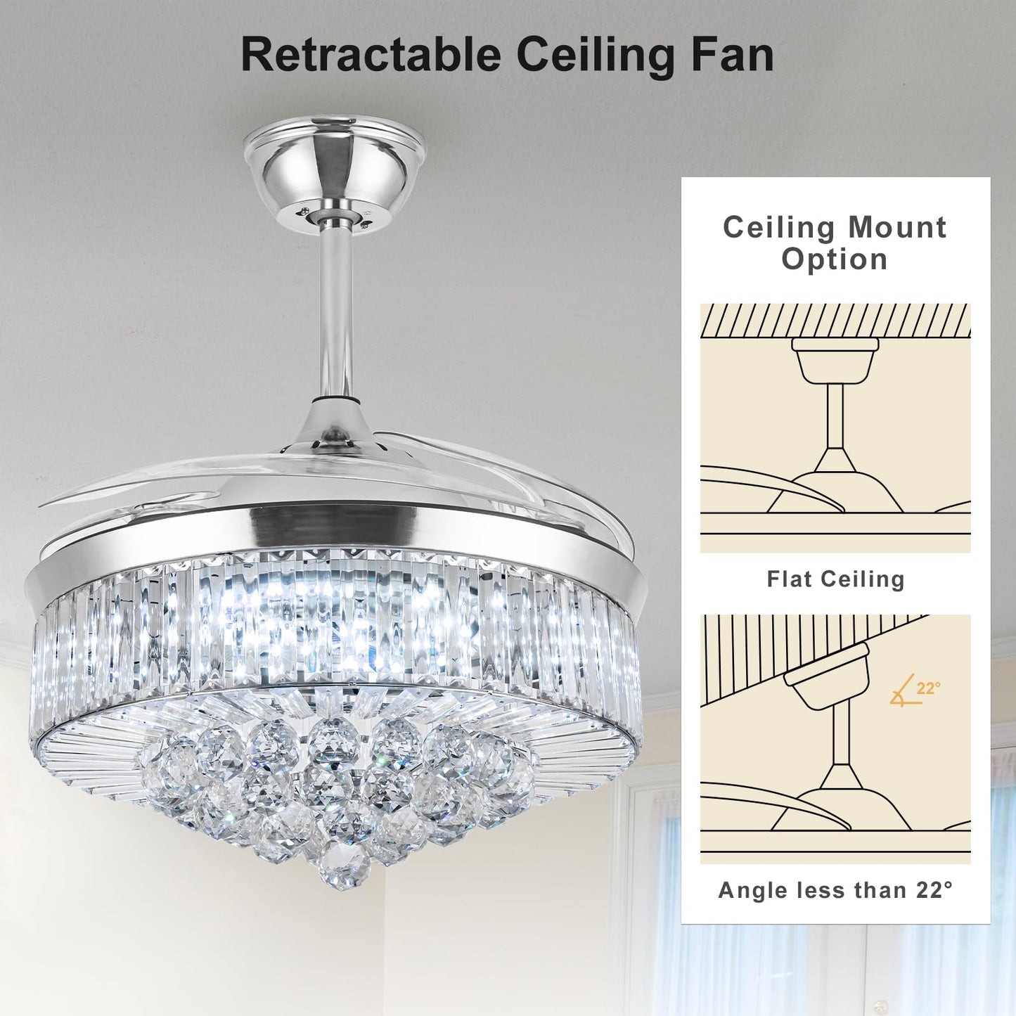 Bavnnro 42'' Fandelier Ceiling Fans with Light, Silver Retractable Crystal Chandelier Fan, Reversible, Remote Control, Dimmable Ceiling Light Kits
