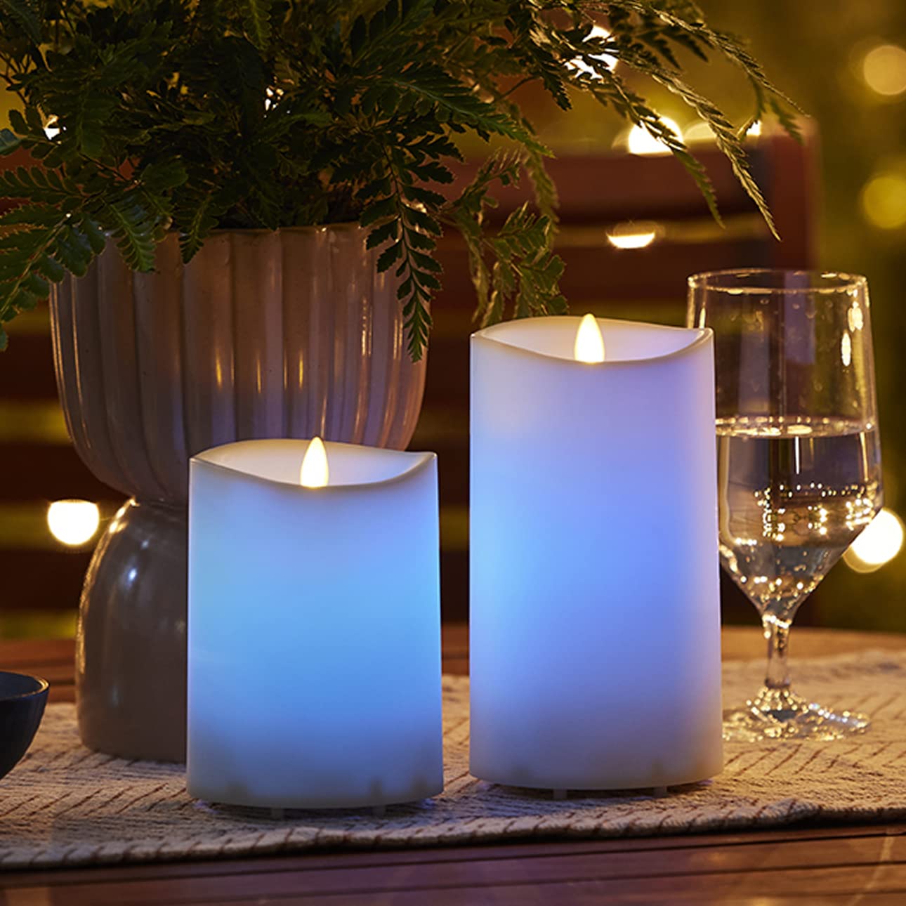 Luminara Outdoor Flameless LED Coloring Changing Candle Melted Edge 3.75" x 5.3" Real Moving Flame Battery Operated Timer Plastic Weather-Resistant