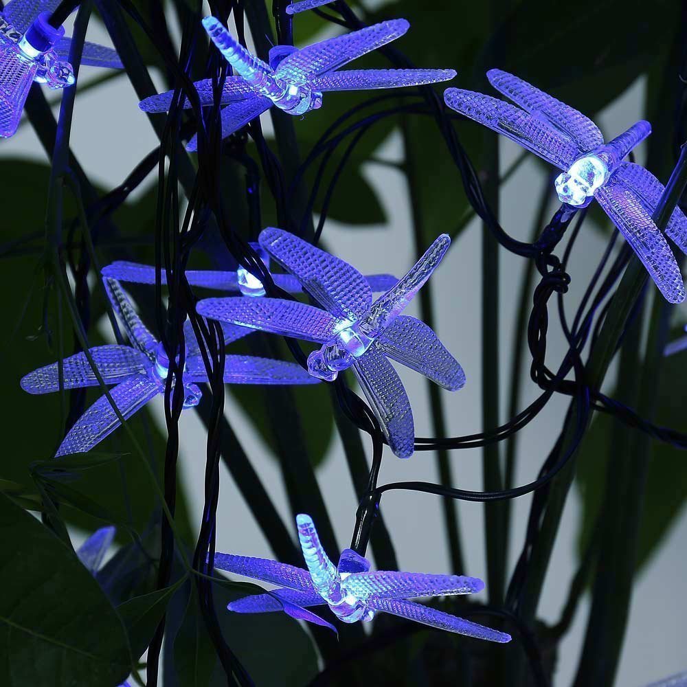 DINOWIN Dragonfly Lights, 20FT/6M 30 LED Solar String Lights with 8 Modes, Waterproof for Outdoor, Garden, Christmas Decorations (Blue)