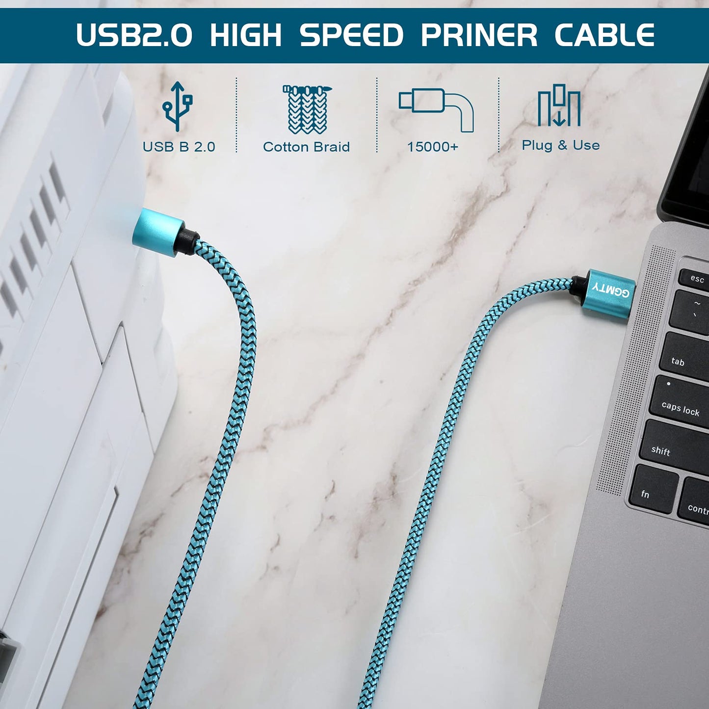 GGMTY 15ft USB Printer Cable - Type A Male to B Male, Compatible with HP, Canon, Dell, Epson, Xerox and More