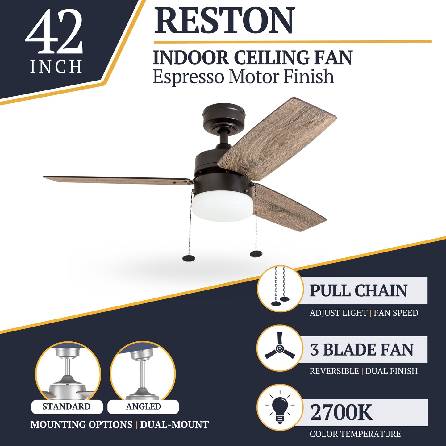 Prominence Home 42" Reston Ceiling Fan w/Light, Chain & 3 Blades, Bronze