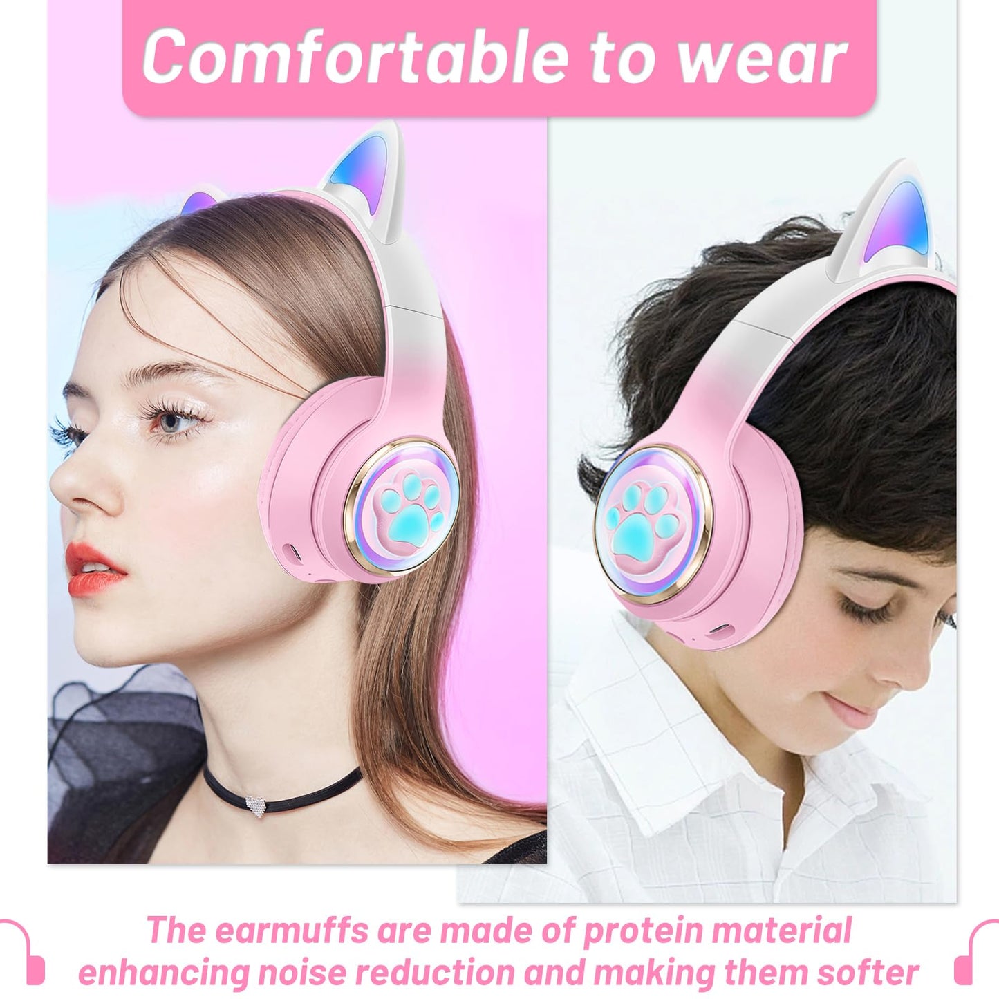 KERHAND Cat Ear Kids Headphones, Bluetooth 5.0, Safe Volume, LED, Pink
