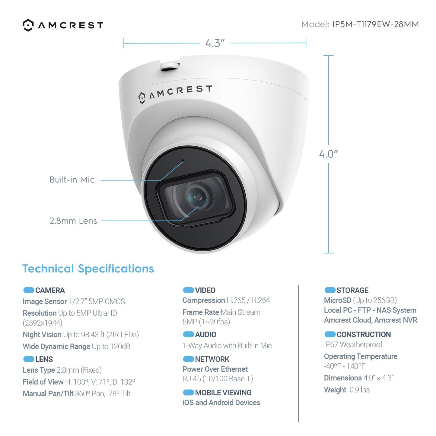 Amcrest 5MP UltraHD Outdoor Security IP Turret PoE Camera with Mic/Audio, 5-Megapixel, 98ft NightVision, 2.8mm Lens, IP67 Weatherproof, Certified