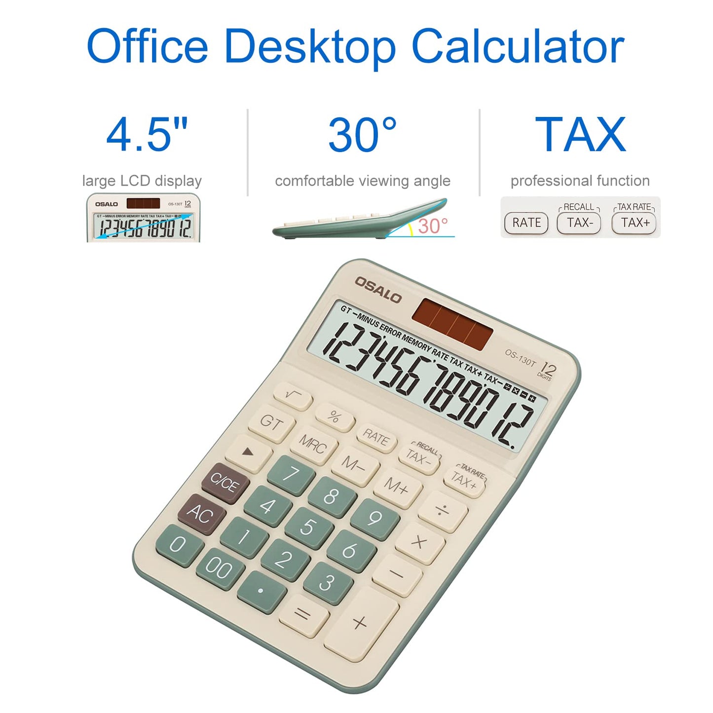 Desktop Calculator Large LCD Display 12 Digit Number Big Button Tax Financial Accounting Calculator, Battery and Solar Powered, for Desk Office Home