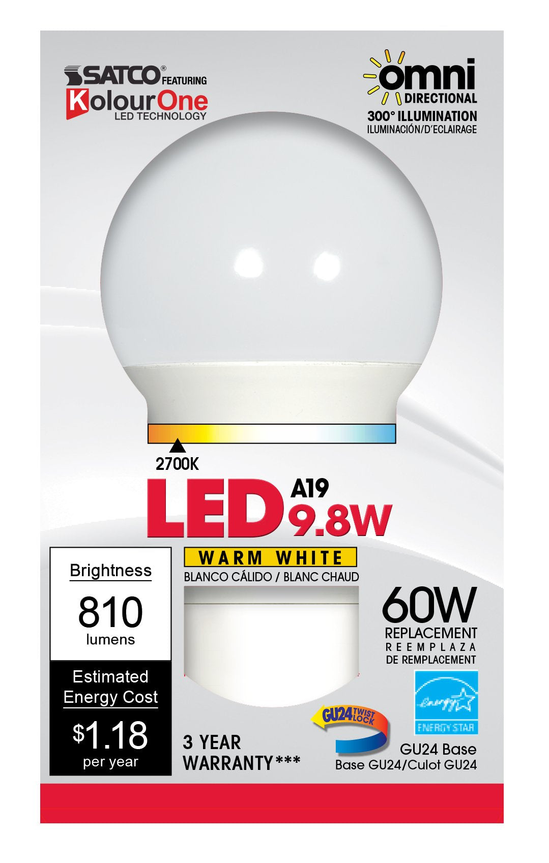 Satco S9216 A19 LED Frosted 2700K Gu24 Base Light Bulb, 9.8W