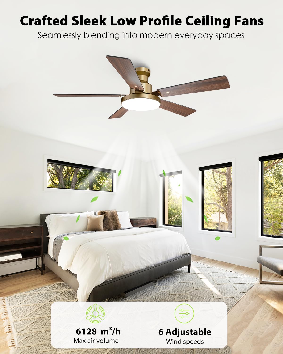 CalorHoga 52 Inch Low Profile Gold Ceiling Fans with Lights and Remote/App