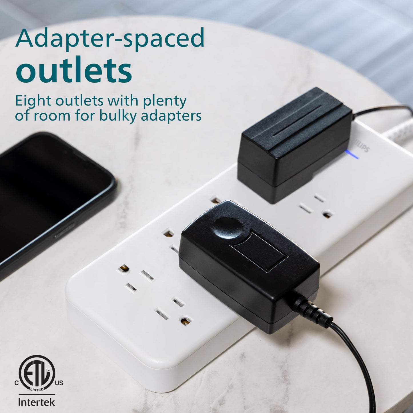 Philips EZFit 8-Outlet Surge Protector Power Strip, 8 Ft Braided Extension Cord, Widely Spaced Outlets, Flat Plug, for Home Office Dorm Essentials