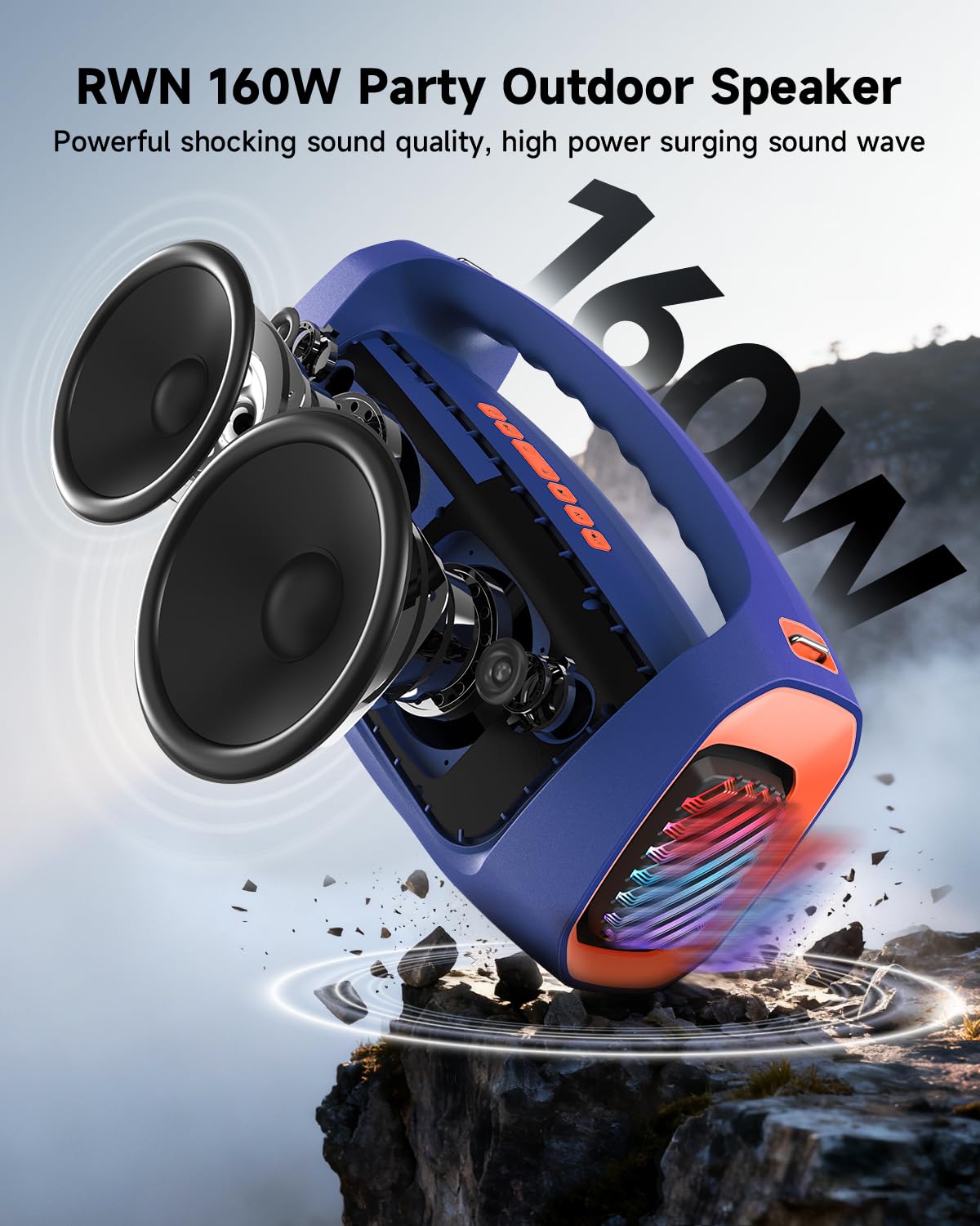 RWN Outdoor Bluetooth Speaker: 160W Loud Sound, IP67 Waterproof with 24H Playtime, Fast Charge, Bass, TWS, Portable Wireless Speakers with Light Show