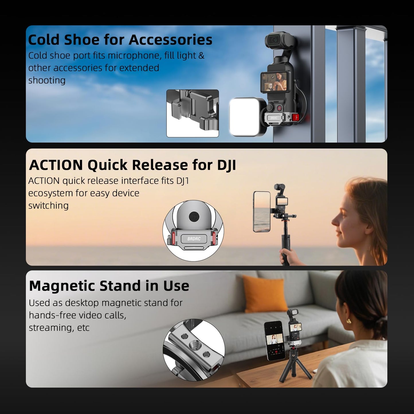 BRDRC Pocket 3 Magnetic Mount, Phone Holder for MagSafe Aluminum Alloy Magnet Expansion Adapter with Cold Shoe for DJI OSMO Pocket 3 Creator Combo/for