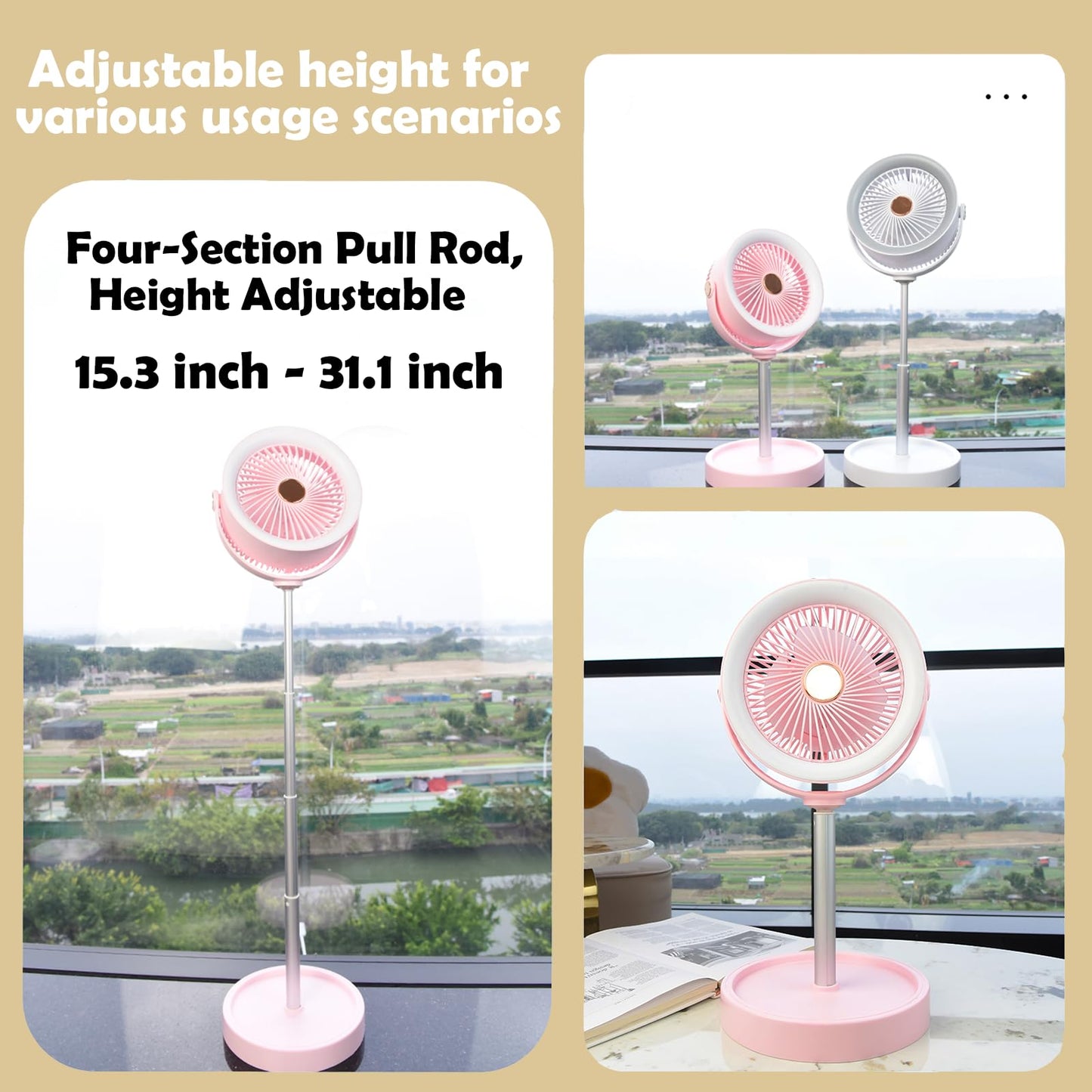 Portable Rechargeable Standing Fan 7.1" , USB Desk Fan & Portable Pedestal Fan For Travel, Small Floor Stand Up Fan For Sleeping, Height Adjustable, 3