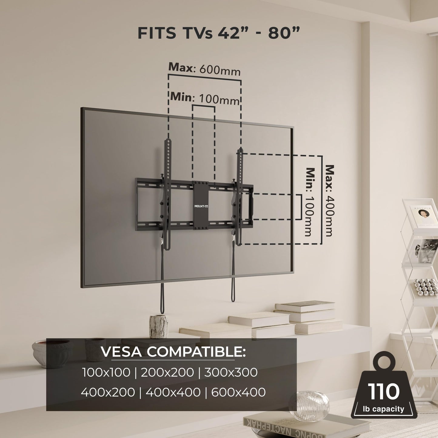Mount-It! Tilting TV Wall Mount Bracket for 42-80 Inch TVs | Universal TV Mount with Low Profile Design, Supports 110 lbs | Quick Release Lock | Fits