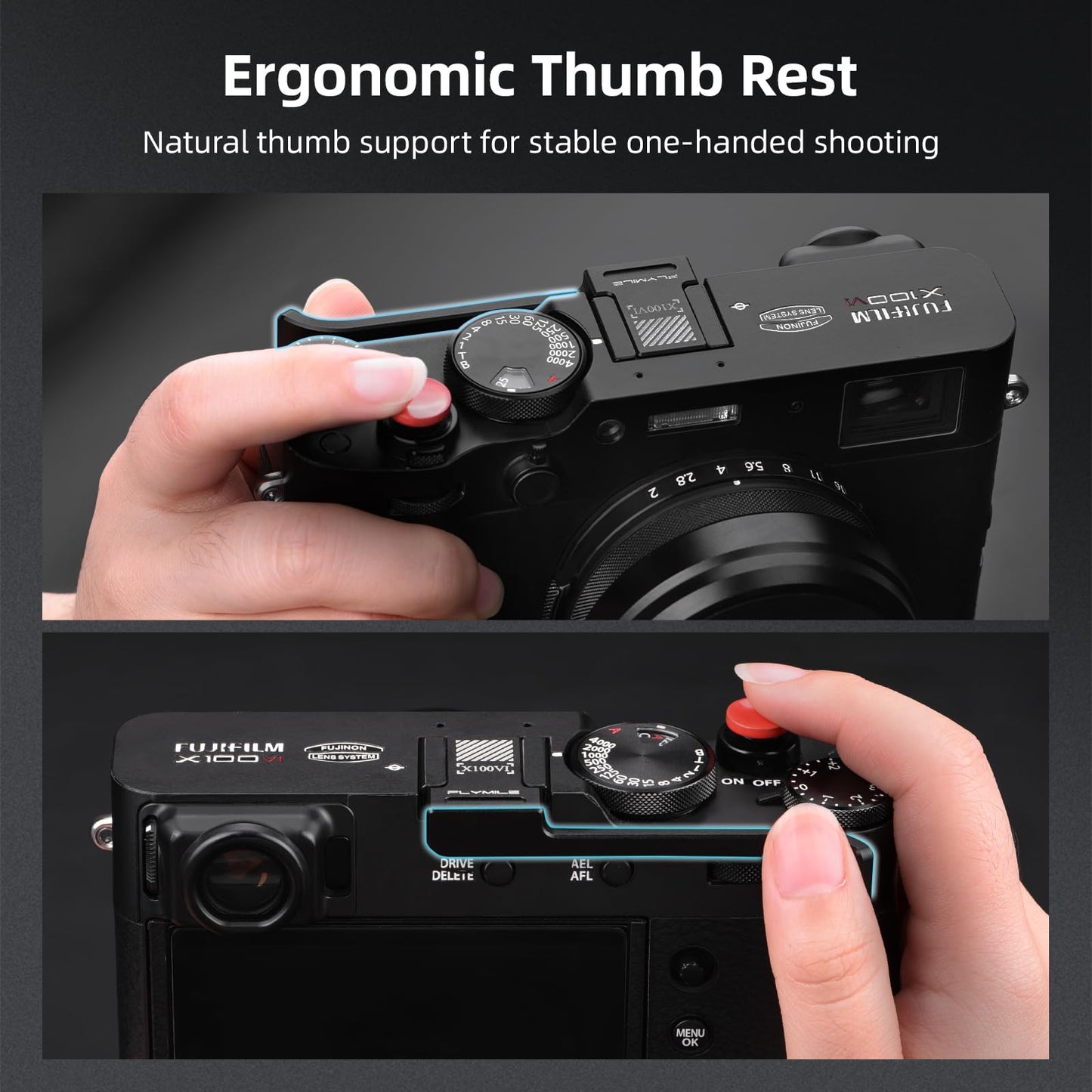 Thumb Grip Metal Hot Shoe Cover with Shutter Button for FUJIFILM X100VI / X100V Fuji Accessories (Black)