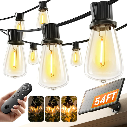 KYY 54FT Solar String Lights Outdoor Waterproof with USB Charging & Remote, Dimmable & Timable, Solar Powered Patio Lights with LED Shatterproof Bulbs