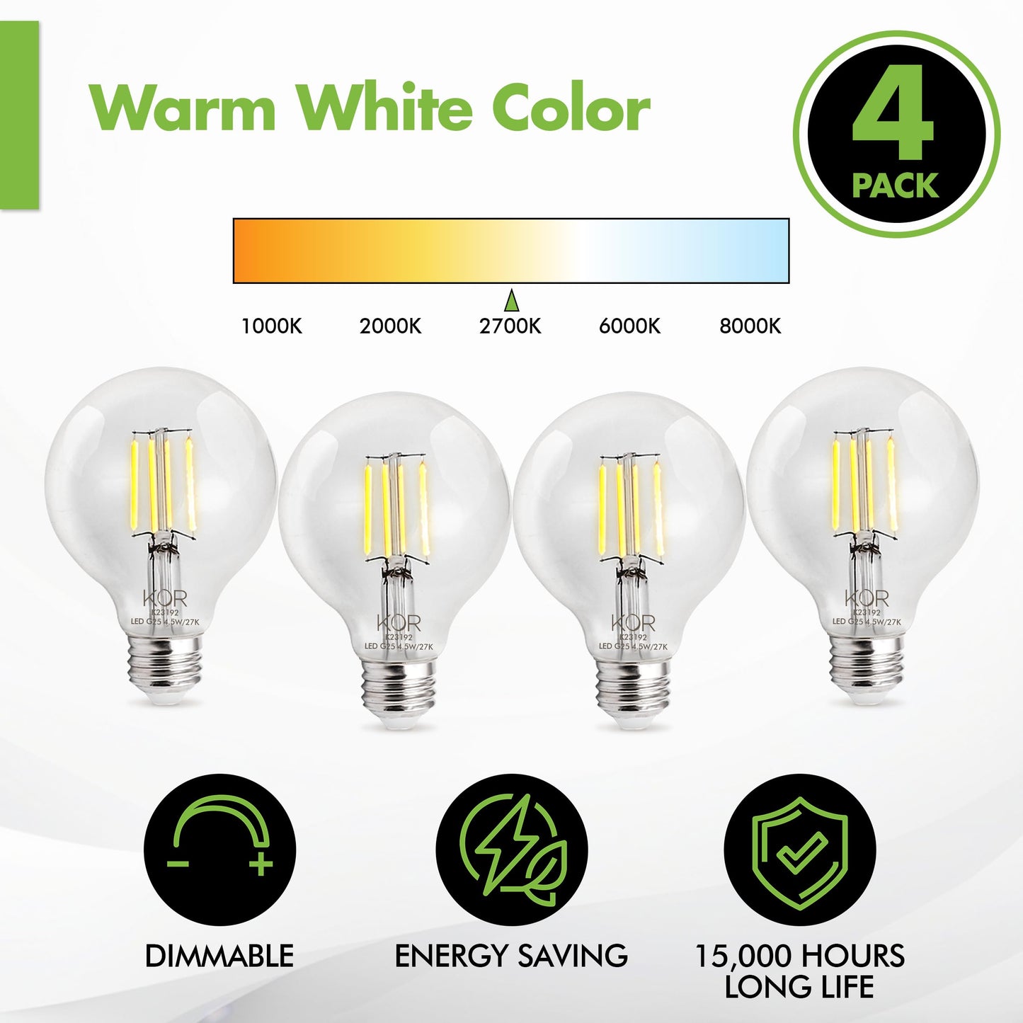 KOR G25 LED Globe Light Bulbs, 40W Equivalent, 2700K, Dimmable, 4-Pack