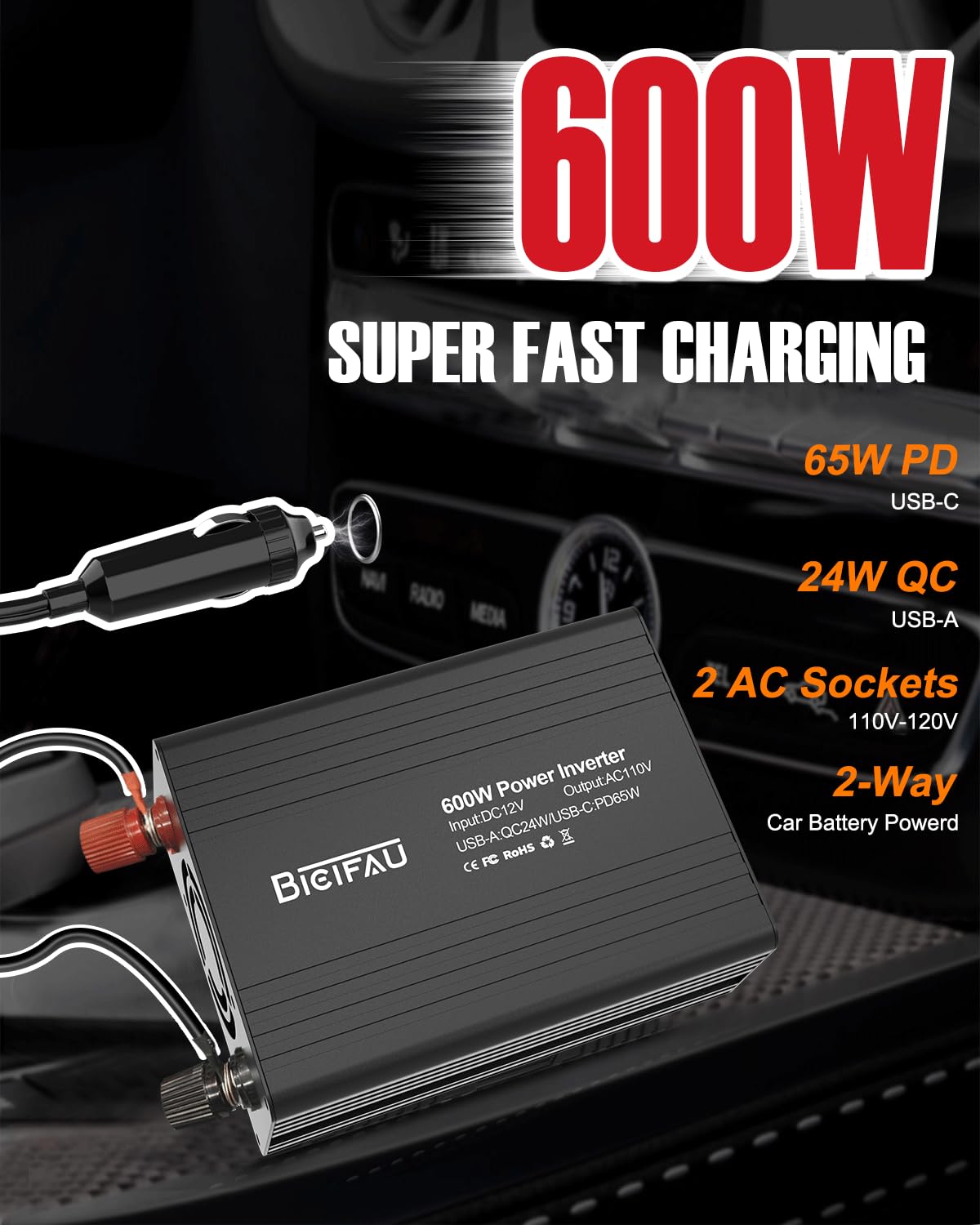600W Inverter 12V to 110V, DC to AC Car Power Inverter for Vehicles with 65W USB-C Fast Charging 24W USB-A Dual AC Socket Adapter