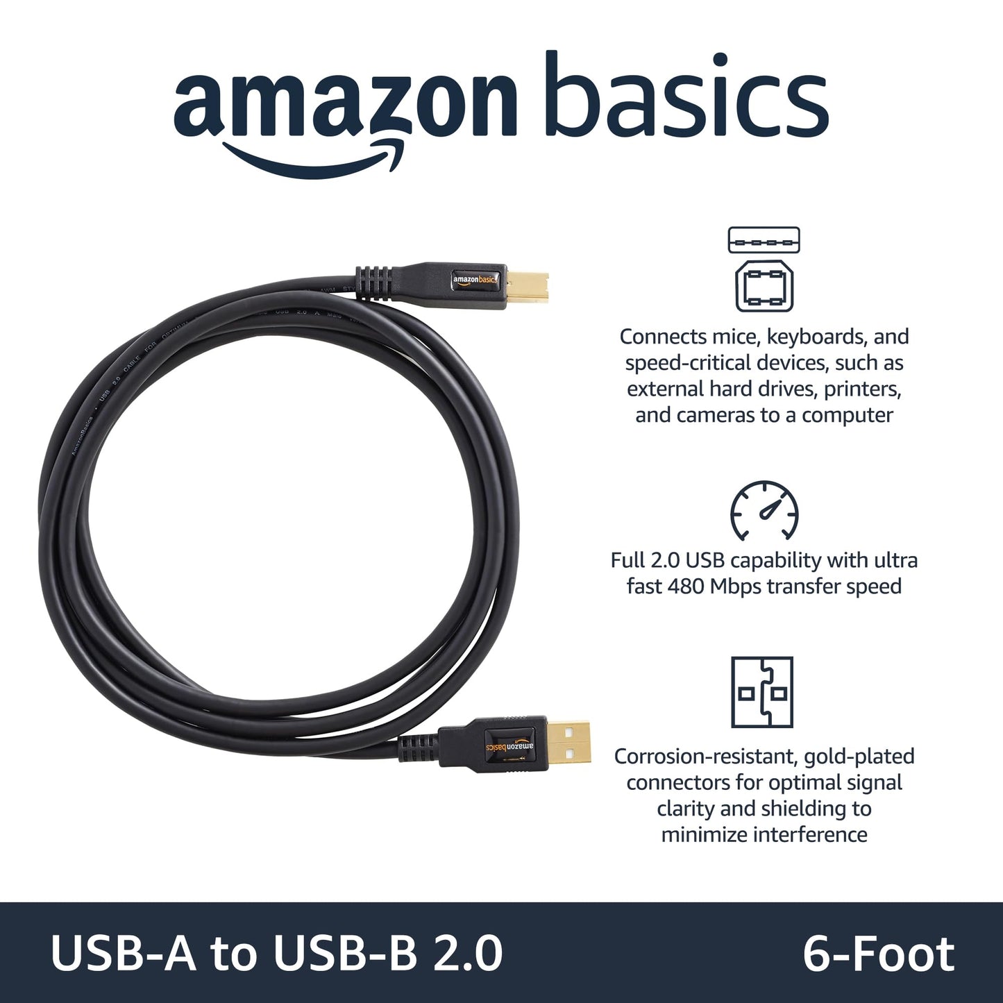 Amazon Basics USB-A to USB-B 2.0 Cable for Printer or External Hard Drive, Computer Compatible, Gold-Plated Connectors, Black, 6 Foot