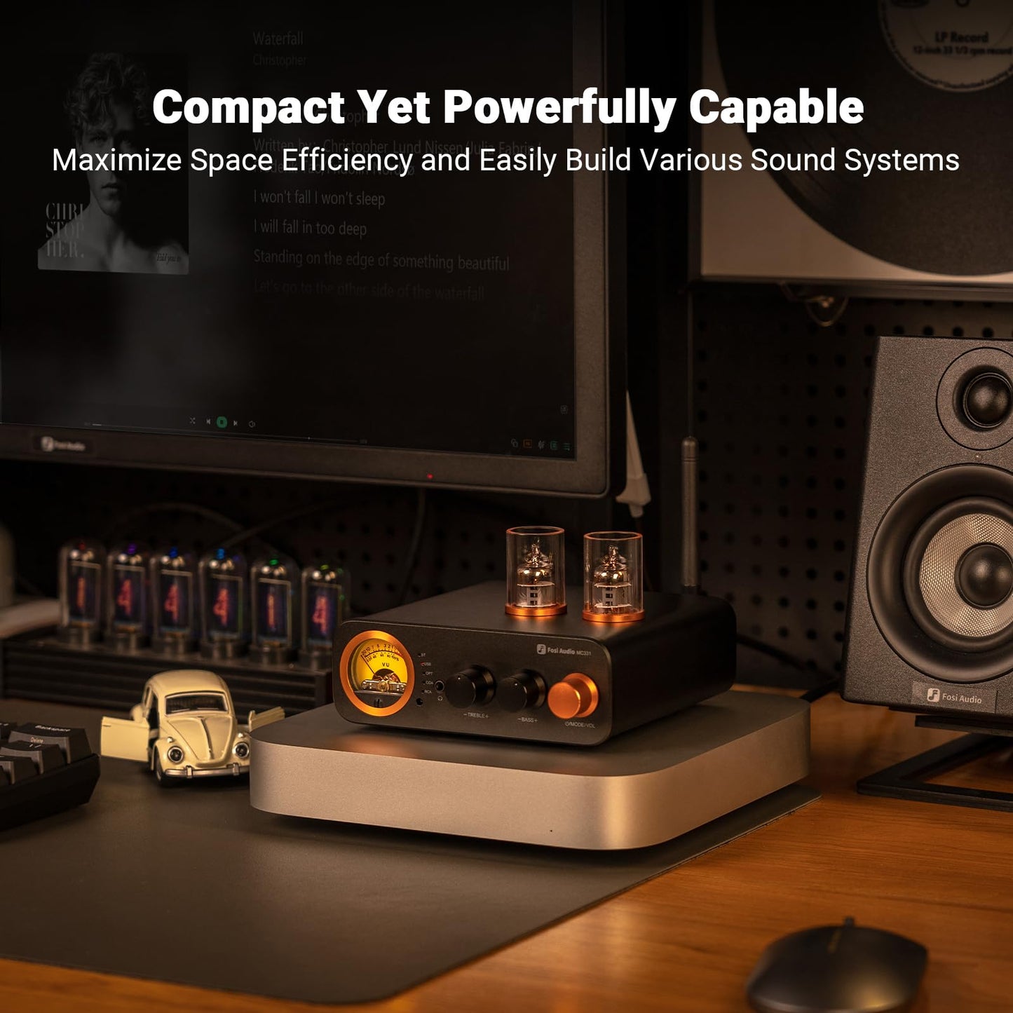 Fosi Audio MC331 Tube Integrated Amplifier with DAC, 2 Channel Home Audio Stereo Power Amp for HiFi Bookshelf Speakers/3.5mm Headphones, Vintage VU