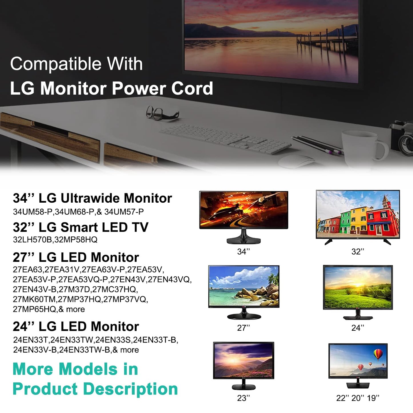 HKY 19V AC DC Adapter Compatible with LG 34" 32" 27" 24" 23" 22" 20" 19" LCD LED HD TV Monitor Widescreen LG 32ML600M-B 24MP400-B 27MP400-B 34WP65C-B…